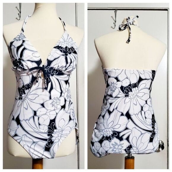 Merona White/Black/Gray Floral Print One Piece Swimsuit Size Large - Picture 1 of 14